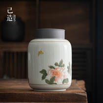 Self-made hand-painted tea pot Ceramic large sealed pot Storage tea warehouse straight tube household moisture-proof Chinese tea pot