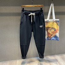 Tide brand embroidery black straight pants mens autumn thin drawstring sports pants mens nine-point pants loose casual pants men