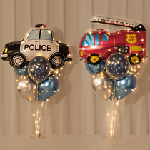 Boy car theme first birthday decoration cartoon police car fire truck glow table floating balloon scene arrangement