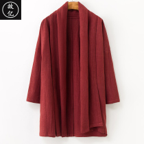 Chinese style mens spring and autumn long shirt jacket linen retro style cardigan cloak Zen clothing Tang suit Han clothing ancient costume Road robe