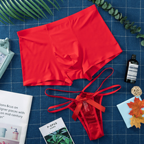 Summer ice silk couple panties sex confusion wedding big red men and women in the year of their lives a couple of underwear sets
