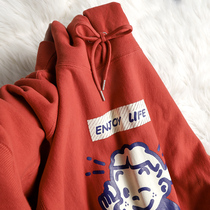New year Red heavy original cartoon print red hooded sweater women autumn and winter thick men and women casual top tide