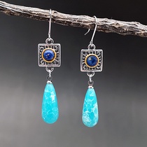 Bohemian Lansong jade drop earrings antique two-color lapis lazuli drop gem earrings