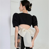 French niche bubble sleeve shirt womens summer 2021 design sense of mind halter bow waist top