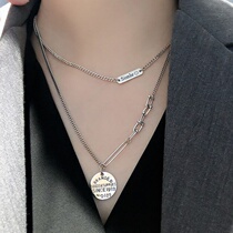 925 silver Korean Thai silver letter round card necklace Female ins hip hop clavicle chain vintage sweater chain tide