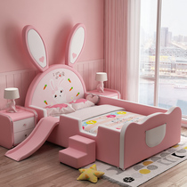 Childrens bed girl princess bed Dream Castle cartoon rabbit bed 1 5 meters with slide guardrail splicing bed net red