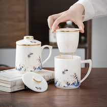 Sheep fat jade teacup Tea water separation ceramic office with lid tea making filter Men and womens special cup custom logo