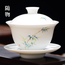 Fresh hand-painted white porcelain cover bowl Single ceramic tea bowl Sancai Teacup making tea is not hot Jingdezhen tea set