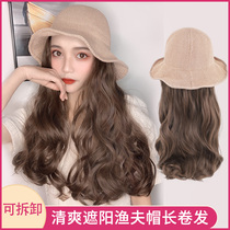 Wig Hat One Piece fashion Long Curly hair Big Wave wig Female Long Hair Detachable Fisherman Hat Summer Full headgear