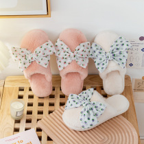 New wave dot bow bung warm floor cotton slippers women Autumn Winter ins girl plush slippers