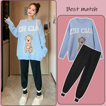 Pregnant women autumn and winter sweater set fashion out 2021 tide mother coat spring and autumn loose size two-piece set