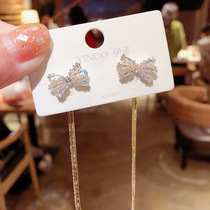 2021 new crystal tassel bow net red long earrings Korean temperament wild S925 silver needle earrings female
