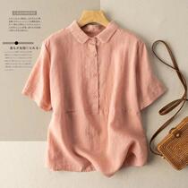 100 % cotton short sleeve linen shirt female Retro Hang taste cotton shirt shirt 2023 Spring and summer new models