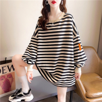 Pregnant women Spring and Autumn thin clothes plus fat plus size Korean loose top stripes long sleeve T-shirt 200kg