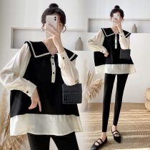 Pregnant women's spring and autumn coat fashion fashion mom foreign style plus fat size doll collar shirt set spring 200kg