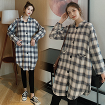 2021 spring fashion maternity dress Korean version of loose clothes fat MM pregnant plaid shirt leggings two-piece suit