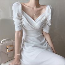 Summer Korean French temperament thin v-neck careful machine waist bubble sleeve Chiffon dress long skirt goddess fan