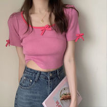 Solid color low-neck bow short sleeve knitwear womens summer 2021 New Korean version of Joker bottoming blouse