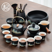 Black pottery Kung Fu tea set Household dry landscape teapot cover bowl Teacup set Japanese modern office note