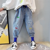 Girls jeans 2021 new spring and autumn childrens trousers girls Korean version of the hole Harlem pants middle and Big Boy