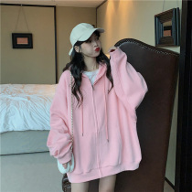 2021 Fall new pure color design sensation zipped jacket Korean version Lazy Easy to even cap Long sleeves Necrots Women Tide