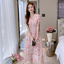  New sweet dress female summer dress 2021 temperament floral chiffon skirt small French first love bellflower skirt