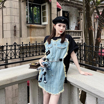 Port Taste Irregular Printed 100 hitch long section short sleeve t-shirt woman splicing design Cowboy Cartoon Little Bear Blouse