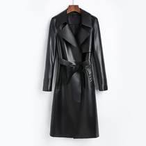 2021 autumn new Haining leather womens long leather windbreaker lace-up waist sheepskin single leather unbuttoned jacket