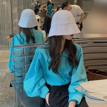 Korean style wearing bubble sleeves French chic sea salt top design sense salt long sleeve blue shirt Women