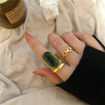 French advanced sense emerald ring female European and American Golden retro old food ring Korean personality opening ring