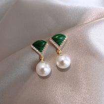 S925 silver pin micro-inlaid malachite fan-shaped pearl earrings light luxury earrings elegant temperament Korean retro earrings female