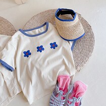 Girls Pure Cotton Short Sleeves T-shirts in Summer New Han Edition Fresh Ocean Tops in Childrens Baby