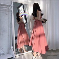 Hong Kong flavor summer bow strap backless chiffon sling dress waist thin temperament big dress women