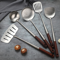 304 stainless steel frying spoon Chef special cooking spoon Household thickened spatula set wooden handle spoon pot spoon