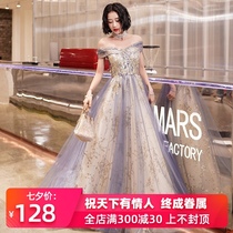 One-shoulder evening dress skirt female blue birthday long texture chorus banquet temperament bridesmaid host spring and autumn and summer