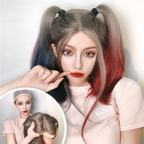  Clown female cos wig Haley Quinn with the same long hair headgear type face repair gradient wig blue and pink double ponytail