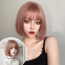 Wig female short straight hair Pink handsome bobo head wig natural girl Qi ear short hair cos full head cover style