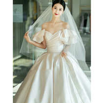 Shoulder satin French light main wedding dress 2021 new bride simple atmosphere high-end super fairy thin trailing female