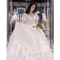 Satin bubble sleeve light main wedding dress 2021 new bride white princess style luxury high end big tail summer Women