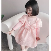 2021 autumn girls dress Korean childrens clothing long sleeve bubble sleeve princess dress female solid color mesh spring summer dress
