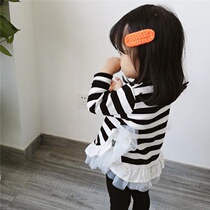 Girl Autumn New stripe T-shirt baby long sleeve children Base shirt cotton cotton Korean mesh mosaic foreign coat