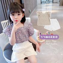 Girl flower set summer 2021 new children flying sleeve cotton shorts Korean version of female baby two-piece tide