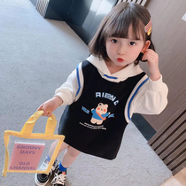 Girls cute pure cotton one-piece dress 2021 new female baby foreign piste Two Katong Lianhood dress