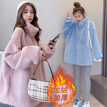 Pregnant women winter plus velvet hipster set 2021 New Tide mom Net Red fashion sweater casual coat