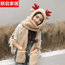 Korean Version Scarves Women Winter Hat Gloves One three sets of plush thickened Lianhood 100 hitch a little deer Christmas Neck Tide