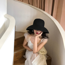 Vintage French Hepburn wind hat Black big brim straw hat Womens summer seaside beach visor sunscreen sun hat