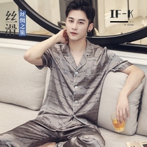 IF-KANN Mulberry silk mens pajamas summer short-sleeved silk large size home wear true ice silk thin section two-piece set