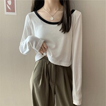 Korean version of color combination big round neck long sleeve Ice Silk sunscreen knitted blouse women Design feeling machine collarbone short coat tide tide