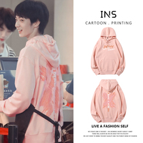 Liu Yaowen the same graffiti pink sweater female national tide Harajuku style couples spring and autumn loose hooded jacket clothes