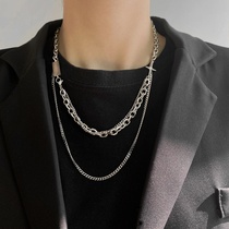 Stacked double titanium steel necklace Male European and American style street hip-hop trendsetter sweater chain Neutral texture cold wind necklace